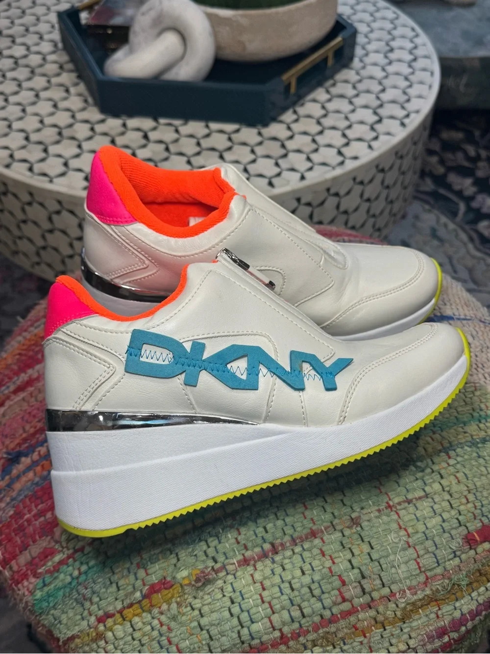 🔵⚪️🟠 DKNY White Platform Zip-up Wedge Sneakers with Bright Accents 🟠⚪️🔵‎
